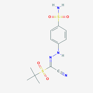 molecular formula C12H16N4O4S2 B7785903 (1E)-1-tert-butylsulfonyl-N-(4-sulfamoylanilino)methanimidoyl cyanide 