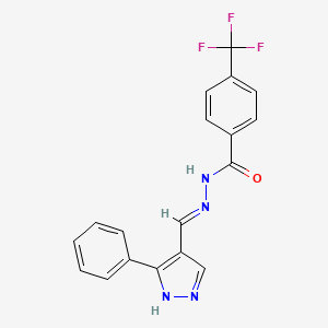 molecular formula C18H13F3N4O B7786848 N'-[(1E)-(3-phenyl-1H-pyrazol-4-yl)methylidene]-4-(trifluoromethyl)benzohydrazide 