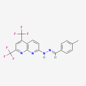 molecular formula C18H12F6N4 B7787401 7-[(E)-2-[(4-methylphenyl)methylidene]hydrazin-1-yl]-2,4-bis(trifluoromethyl)-1,8-naphthyridine 