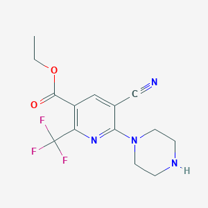 molecular formula C14H15F3N4O2 B7788842 Ethyl 5-cyano-6-(piperazin-1-yl)-2-(trifluoromethyl)nicotinate 