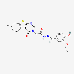 N-[(E)-(3-ethoxy-4-hydroxyphenyl)methylideneamino]-2-(7-methyl-4-oxo-5,6,7,8-tetrahydro-[1]benzothiolo[2,3-d]pyrimidin-3-yl)acetamide