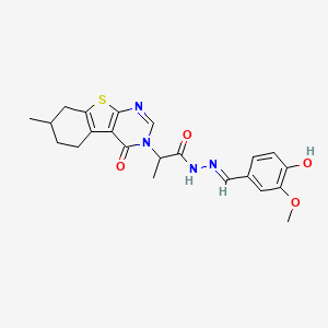 molecular formula C22H24N4O4S B7789544 N-[(E)-(4-hydroxy-3-methoxyphenyl)methylideneamino]-2-(7-methyl-4-oxo-5,6,7,8-tetrahydro-[1]benzothiolo[2,3-d]pyrimidin-3-yl)propanamide 