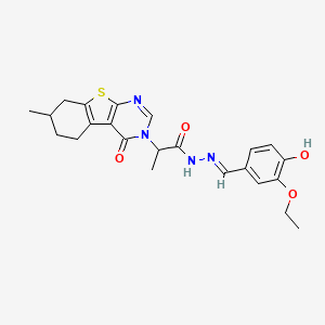 N-[(E)-(3-ethoxy-4-hydroxyphenyl)methylideneamino]-2-(7-methyl-4-oxo-5,6,7,8-tetrahydro-[1]benzothiolo[2,3-d]pyrimidin-3-yl)propanamide