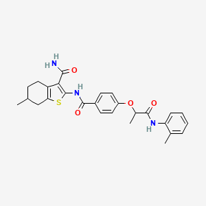 molecular formula C27H29N3O4S B7789622 6-Methyl-2-[[4-[1-(2-methylanilino)-1-oxopropan-2-yl]oxybenzoyl]amino]-4,5,6,7-tetrahydro-1-benzothiophene-3-carboxamide 