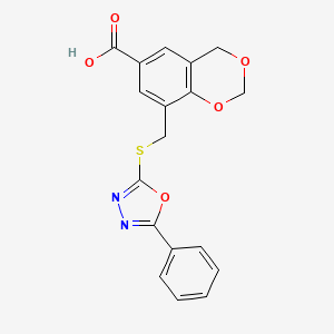 molecular formula C18H14N2O5S B7793235 8-{[(5-Phenyl-1,3,4-oxadiazol-2-YL)sulfanyl]methyl}-2,4-dihydro-1,3-benzodioxine-6-carboxylic acid 