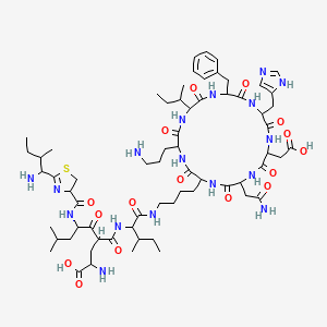 molecular formula C66H103N17O16S B7804852 2-amino-6-[[2-(1-amino-2-methylbutyl)-4,5-dihydro-1,3-thiazole-4-carbonyl]amino]-4-[[1-[4-[20-(2-amino-2-oxoethyl)-5-(3-aminopropyl)-11-benzyl-8-butan-2-yl-17-(carboxymethyl)-14-(1H-imidazol-5-ylmethyl)-3,6,9,12,15,18,21-heptaoxo-1,4,7,10,13,16,19-heptazacyclohenicos-2-yl]butylamino]-3-methyl-1-oxopentan-2-yl]carbamoyl]-8-methyl-5-oxononanoic acid 