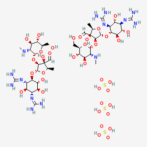 molecular formula C42H84N14O36S3 B7804948 2-[(1R,2R,3S,4R,5R,6S)-3-(diaminomethylideneamino)-4-[(2S,3S,4S,5R)-3-[(2R,3R,4R,5S,6R)-4,5-dihydroxy-6-(hydroxymethyl)-3-(methylamino)oxan-2-yl]oxy-4-formyl-4-hydroxy-5-methyloxolan-2-yl]oxy-2,5,6-trihydroxycyclohexyl]guanidine;sulfuric acid 