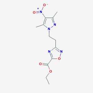 molecular formula C12H15N5O5 B7811266 Ethyl 3-(2-(3,5-dimethyl-4-nitro-1H-pyrazol-1-yl)ethyl)-1,2,4-oxadiazole-5-carboxylate 