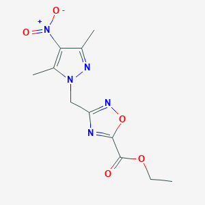 molecular formula C11H13N5O5 B7811427 Ethyl 3-((3,5-dimethyl-4-nitro-1H-pyrazol-1-yl)methyl)-1,2,4-oxadiazole-5-carboxylate 