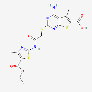 molecular formula C17H17N5O5S3 B7811471 4-Amino-2-((2-((5-(ethoxycarbonyl)-4-methylthiazol-2-yl)amino)-2-oxoethyl)thio)-5-methylthieno[2,3-d]pyrimidine-6-carboxylic acid 