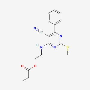 molecular formula C17H18N4O2S B7811789 2-{[5-Cyano-2-(methylthio)-6-phenylpyrimidin-4-yl]amino}ethyl propionate 