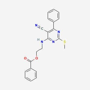 molecular formula C21H18N4O2S B7812012 2-{[5-Cyano-2-(methylthio)-6-phenylpyrimidin-4-yl]amino}ethyl benzoate 