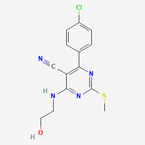 molecular formula C14H13ClN4OS B7814632 4-(4-Chlorophenyl)-6-[(2-hydroxyethyl)amino]-2-(methylsulfanyl)pyrimidine-5-carbonitrile 
