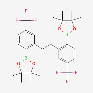 molecular formula C28H34B2F6O4 B7827534 4,4,5,5-Tetramethyl-2-[2-[2-[2-(4,4,5,5-tetramethyl-1,3,2-dioxaborolan-2-yl)-5-(trifluoromethyl)phenyl]ethyl]-4-(trifluoromethyl)phenyl]-1,3,2-dioxaborolane 