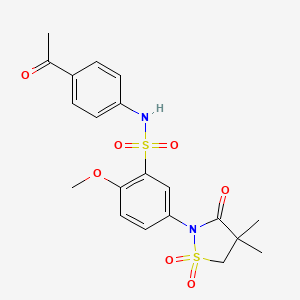 molecular formula C20H22N2O7S2 B7828285 N-(4-acetylphenyl)-5-(4,4-dimethyl-1,1-dioxido-3-oxo-1,2-thiazolidin-2-yl)-2-methoxybenzenesulfonamide 