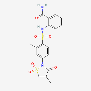 molecular formula C18H19N3O6S2 B7828307 2-({[2-Methyl-4-(4-methyl-1,1-dioxido-3-oxo-1,2-thiazolidin-2-yl)phenyl]sulfonyl}amino)benzamide 