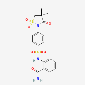 molecular formula C18H19N3O6S2 B7828326 2-({[4-(4,4-Dimethyl-1,1-dioxido-3-oxo-1,2-thiazolidin-2-yl)phenyl]sulfonyl}amino)benzamide 