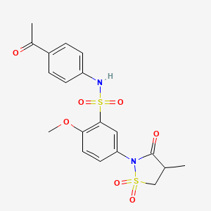 molecular formula C19H20N2O7S2 B7828351 N-(4-acetylphenyl)-2-methoxy-5-(4-methyl-1,1-dioxido-3-oxo-1,2-thiazolidin-2-yl)benzenesulfonamide 
