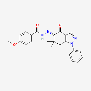 molecular formula C23H22N4O3 B7830207 N'-[(5E)-6,6-dimethyl-4-oxo-1-phenyl-1,4,6,7-tetrahydro-5H-indazol-5-ylidene]-4-methoxybenzohydrazide 