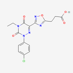molecular formula C16H14ClN5O5 B7830370 3-{3-[2-(4-Chlorophenyl)-4-ethyl-3,5-dioxo-2,3,4,5-tetrahydro-1,2,4-triazin-6-yl]-1,2,4-oxadiazol-5-yl}propanoic acid 