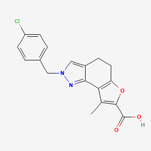 molecular formula C18H15ClN2O3 B7830936 2-(4-chlorobenzyl)-8-methyl-4,5-dihydro-2H-furo[2,3-g]indazole-7-carboxylic acid 