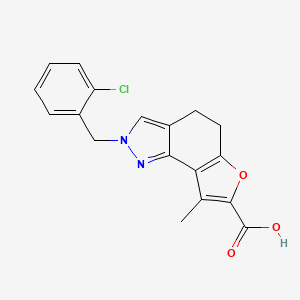 molecular formula C18H15ClN2O3 B7830955 2-(2-chlorobenzyl)-8-methyl-4,5-dihydro-2H-furo[2,3-g]indazole-7-carboxylic acid 