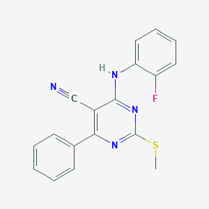 molecular formula C18H13FN4S B7832066 4-[(2-Fluorophenyl)amino]-2-(methylthio)-6-phenylpyrimidine-5-carbonitrile 