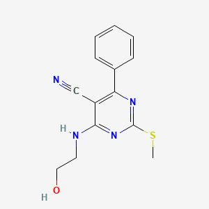 molecular formula C14H14N4OS B7832067 4-[(2-Hydroxyethyl)amino]-2-(methylthio)-6-phenylpyrimidine-5-carbonitrile 