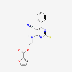 molecular formula C20H18N4O3S B7832174 2-{[5-Cyano-6-(4-methylphenyl)-2-(methylthio)pyrimidin-4-yl]amino}ethyl 2-furoate 