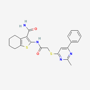 molecular formula C22H22N4O2S2 B7832201 2-(2-((2-Methyl-6-phenylpyrimidin-4-yl)thio)acetamido)-4,5,6,7-tetrahydrobenzo[b]thiophene-3-carboxamide 