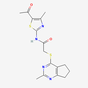 molecular formula C16H18N4O2S2 B7832287 N-(5-acetyl-4-methyl-1,3-thiazol-2-yl)-2-[(2-methyl-6,7-dihydro-5H-cyclopenta[d]pyrimidin-4-yl)thio]acetamide 