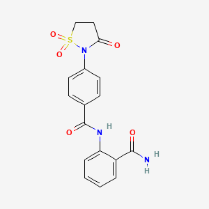 molecular formula C17H15N3O5S B7833542 2-{[4-(1,1-Dioxido-3-oxoisothiazolidin-2-yl)benzoyl]amino}benzamide 