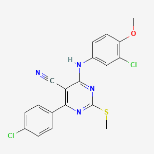 molecular formula C19H14Cl2N4OS B7833680 4-[(3-Chloro-4-methoxyphenyl)amino]-6-(4-chlorophenyl)-2-(methylthio)pyrimidine-5-carbonitrile 