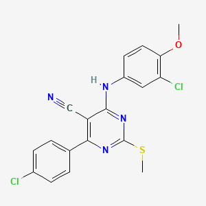 molecular formula C19H14Cl2N4OS B7833680 4-[(3-CHLORO-4-METHOXYPHENYL)AMINO]-6-(4-CHLOROPHENYL)-2-(METHYLSULFANYL)PYRIMIDINE-5-CARBONITRILE 