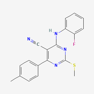 molecular formula C19H15FN4S B7833778 4-[(2-Fluorophenyl)amino]-6-(4-methylphenyl)-2-(methylthio)pyrimidine-5-carbonitrile 