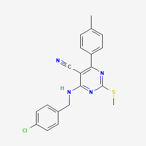 molecular formula C20H17ClN4S B7833800 4-{[(4-CHLOROPHENYL)METHYL]AMINO}-6-(4-METHYLPHENYL)-2-(METHYLSULFANYL)PYRIMIDINE-5-CARBONITRILE 