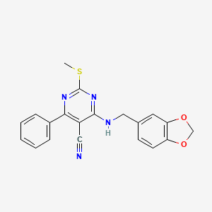 molecular formula C20H16N4O2S B7833958 4-[(1,3-Benzodioxol-5-ylmethyl)amino]-2-(methylthio)-6-phenylpyrimidine-5-carbonitrile 