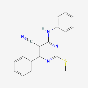 molecular formula C18H14N4S B7834008 4-Anilino-2-(methylthio)-6-phenylpyrimidine-5-carbonitrile 