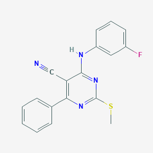 molecular formula C18H13FN4S B7834046 4-[(3-Fluorophenyl)amino]-2-(methylthio)-6-phenylpyrimidine-5-carbonitrile 