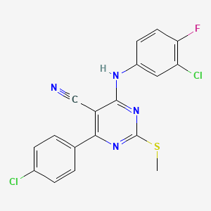 molecular formula C18H11Cl2FN4S B7834836 4-[(3-Chloro-4-fluorophenyl)amino]-6-(4-chlorophenyl)-2-(methylthio)pyrimidine-5-carbonitrile 