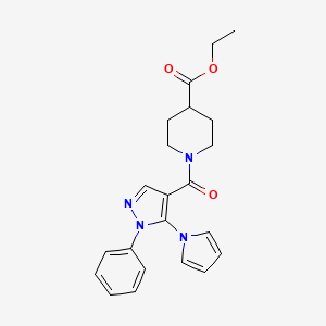 molecular formula C22H24N4O3 B7835471 ethyl 1-{[1-phenyl-5-(1H-pyrrol-1-yl)-1H-pyrazol-4-yl]carbonyl}-4-piperidinecarboxylate 