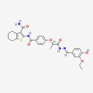 molecular formula C28H30N4O6S B7836518 (E)-2-(4-((1-(2-(3-ethoxy-4-hydroxybenzylidene)hydrazinyl)-1-oxopropan-2-yl)oxy)benzamido)-4,5,6,7-tetrahydrobenzo[b]thiophene-3-carboxamide 