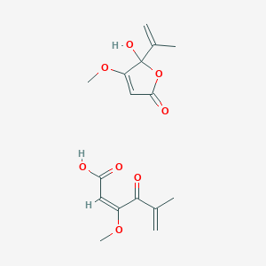 molecular formula C16H20O8 B7839238 (2E)-3-methoxy-5-methyl-4-oxohexa-2,5-dienoic acid; 5-hydroxy-4-methoxy-5-(prop-1-en-2-yl)-2,5-dihydrofuran-2-one 