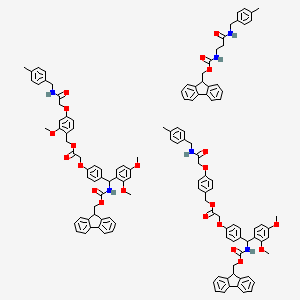 molecular formula C125H120N6O22 B7840263 9H-fluoren-9-ylmethyl N-[3-[(4-methylphenyl)methylamino]-3-oxopropyl]carbamate;[2-methoxy-4-[2-[(4-methylphenyl)methylamino]-2-oxoethoxy]phenyl]methyl 2-[4-[(2,4-dimethoxyphenyl)-(9H-fluoren-9-ylmethoxycarbonylamino)methyl]phenoxy]acetate;[4-[2-[(4-methylphenyl)methylamino]-2-oxoethoxy]phenyl]methyl 2-[4-[(2,4-dimethoxyphenyl)-(9H-fluoren-9-ylmethoxycarbonylamino)methyl]phenoxy]acetate 