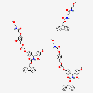 molecular formula C110H114N6O25 B7840268 9H-fluoren-9-ylmethyl N-[3-(2-methoxyethylamino)-3-oxopropyl]carbamate;[4-[2-(2-methoxyethylamino)-2-oxoethoxy]phenyl]methyl 2-[4-[(2,4-dimethoxyphenyl)-(9H-fluoren-9-ylmethoxycarbonylamino)methyl]phenoxy]acetate;[2-methoxy-4-[2-(2-methoxyethylamino)-2-oxoethoxy]phenyl]methyl 2-[4-[(2,4-dimethoxyphenyl)-(9H-fluoren-9-ylmethoxycarbonylamino)methyl]phenoxy]acetate 