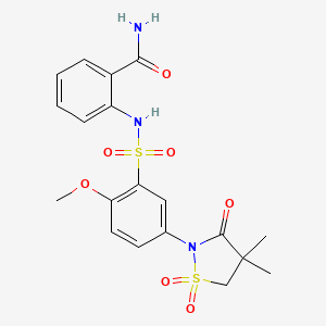 molecular formula C19H21N3O7S2 B7840684 2-({[5-(4,4-Dimethyl-1,1-dioxido-3-oxo-1,2-thiazolidin-2-yl)-2-methoxyphenyl]sulfonyl}amino)benzamide 