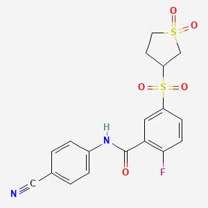 molecular formula C18H15FN2O5S2 B7840717 N-(4-cyanophenyl)-5-[(1,1-dioxidotetrahydrothiophen-3-yl)sulfonyl]-2-fluorobenzamide 