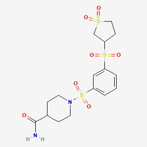 molecular formula C16H22N2O7S3 B7840743 1-((3-((1,1-Dioxidotetrahydrothiophen-3-yl)sulfonyl)phenyl)sulfonyl)piperidine-4-carboxamide 