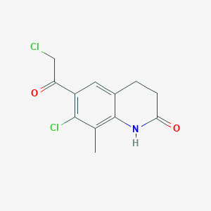 molecular formula C12H11Cl2NO2 B7847782 7-Chloro-6-(2-chloroacetyl)-8-methyl-1,2,3,4-tetrahydroquinolin-2-one 