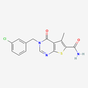molecular formula C15H12ClN3O2S B7849544 3-[(3-Chlorophenyl)methyl]-5-methyl-4-oxothieno[2,3-d]pyrimidine-6-carboxamide 